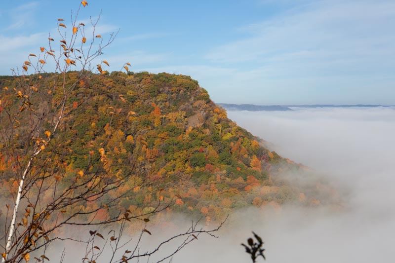 Winona bluffs with fall colors rise above clouds