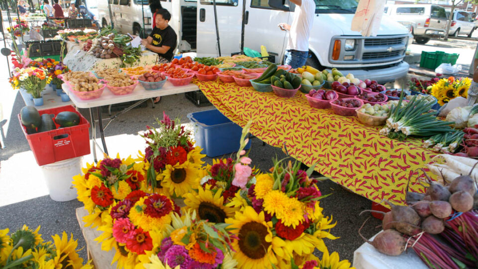 Brightly colored flowers and an abundance of fruits and vegetables for sale, spread out on tables at a farmers market