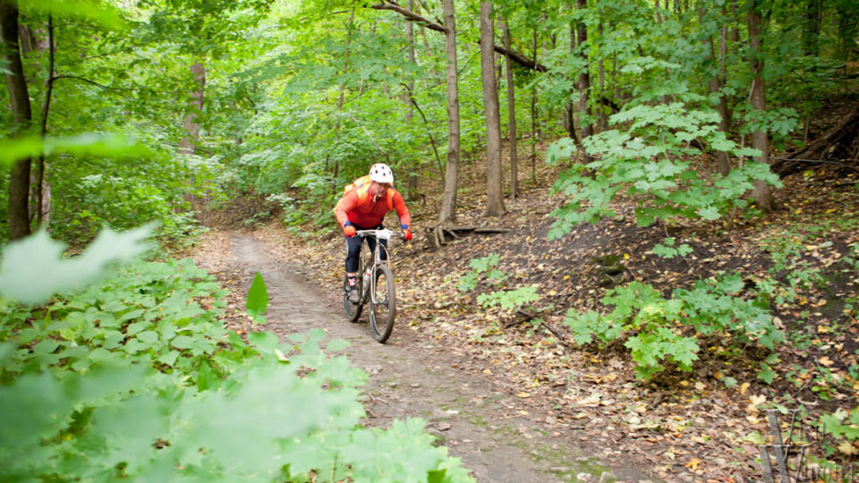 A man rides on a trail through beautiful green deciduous trees